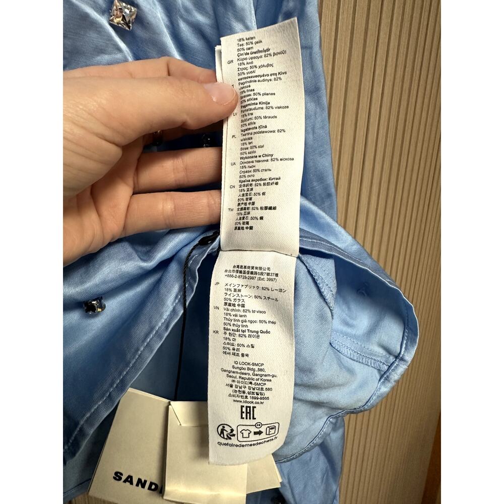 Sandro Paris Satiny Rhinestone Shirt in Sky Blue Size S - Picture 13 of 15